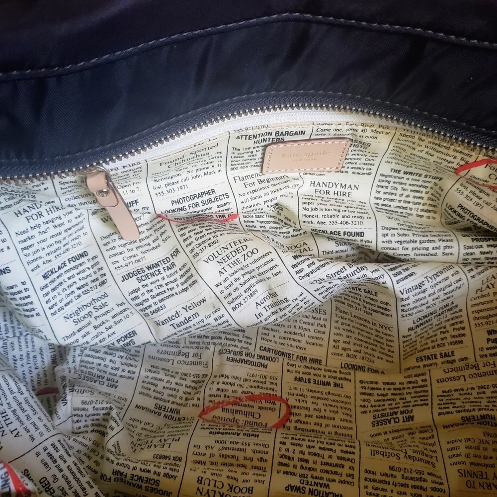 Vintage Y2K Kate Spade Black Stevie Satchel Bag with Newspaper Ad Print Inside